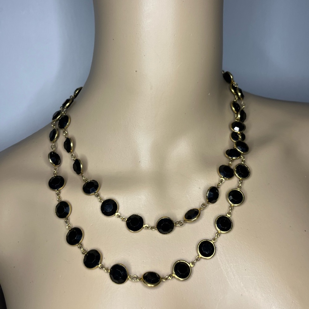 Vintage Bezel Black Crystal and Gold Necklace